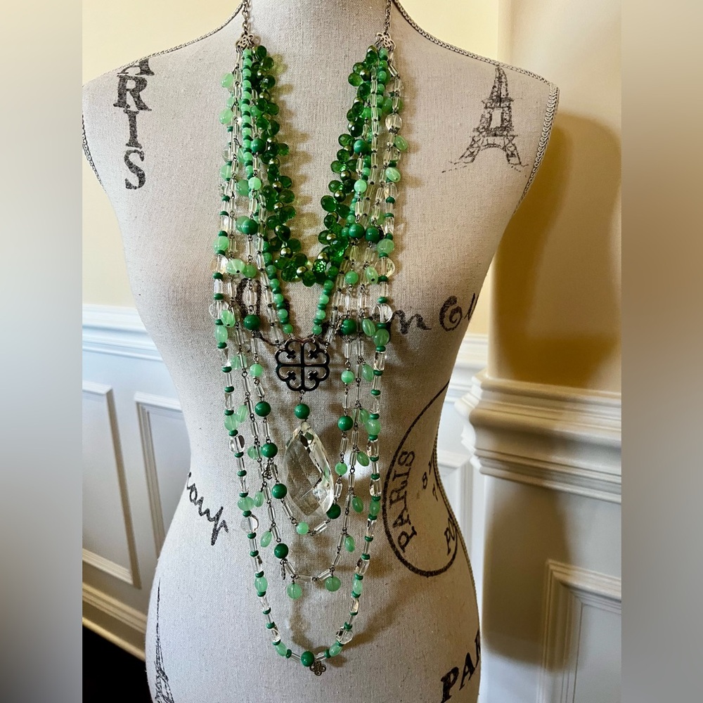 Valeska-Celtic theme 5 Strands Graduated Crystal & Green Beads Layered Necklace